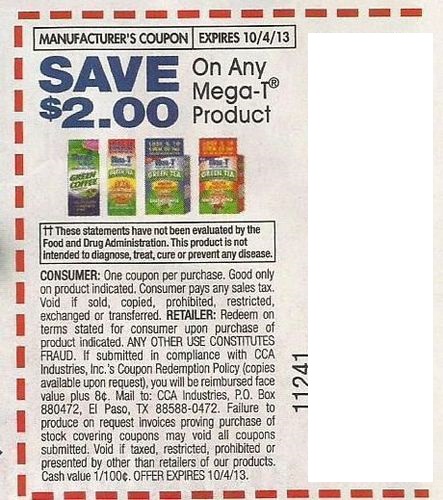 Save $2.00 on any Mega-1 product Expires 10/04/2013
