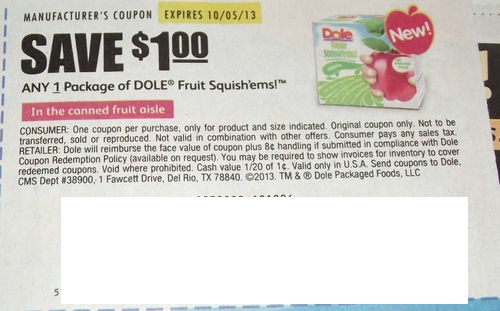 Save $1.00 on any 1 package of DOLE Fruit Squish'ems Expires 10/05/2013