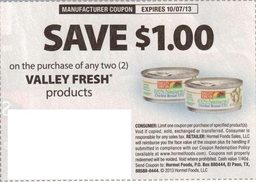 Save $1.00 on the purchase of any two (2) Valley Fresh products Expires 10/07/2013