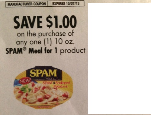 Save $1.00 on the purchase of any one (1) 10oz Spam Meal for 1 product Expires 10/07/2013