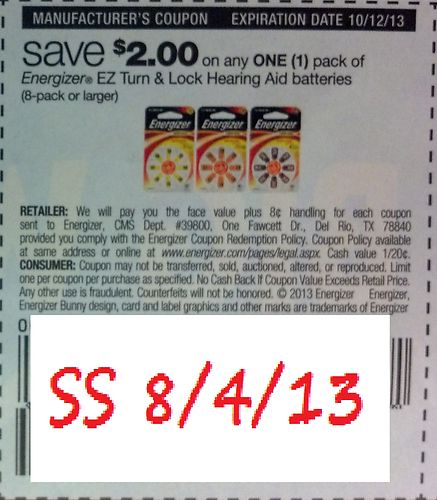 Save $2.00 on any one (1) pack of Energizer EZ Turn & Lock Hearing Aid Batteries (8 pack or larger) Expires 10/12/2013