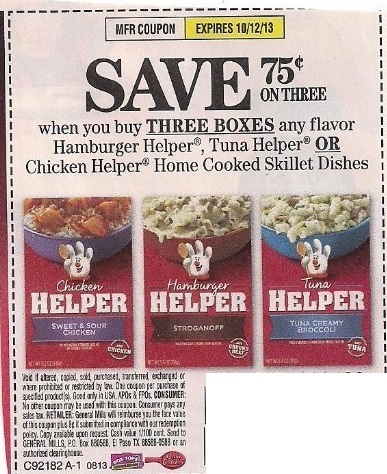$0.75 off WYB 3 Hamburger Helper, Tuna Helper OR Chicken Helper Expires:  Oct-12-2013