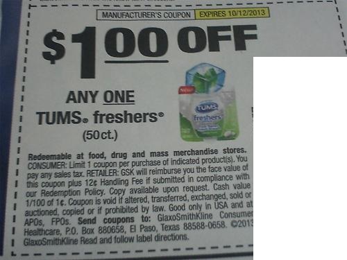 $1.00 off any one Tums freshers (50 ct) Expires 10/12/2013