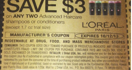 Save $3.00 on any two Advanced Haircare Shampoo or conditioners (Except 1.7 oz trial size) Expires 10/12/2013