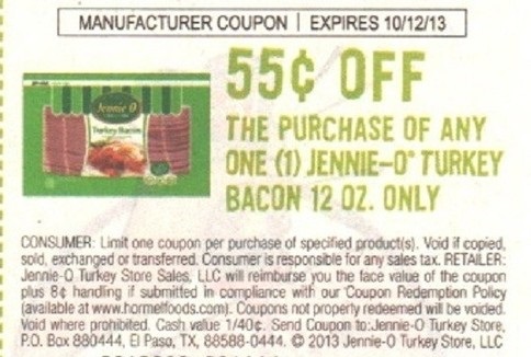 $0.55 off the purchase of any one (1) Jennie-O Turkey Bacon 12 oz only Expires 10/12/2013