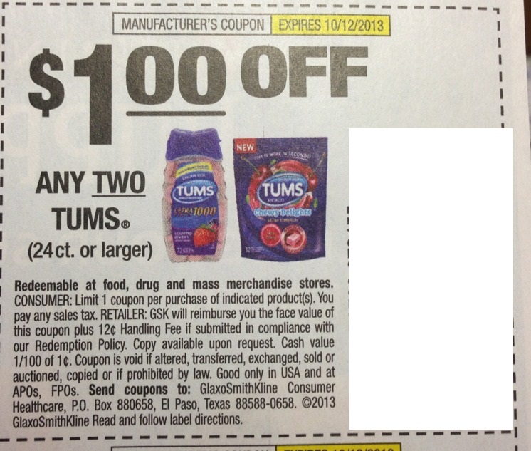 $1.00 off any two tums (24 ct or larger) Expires 10/12/2013