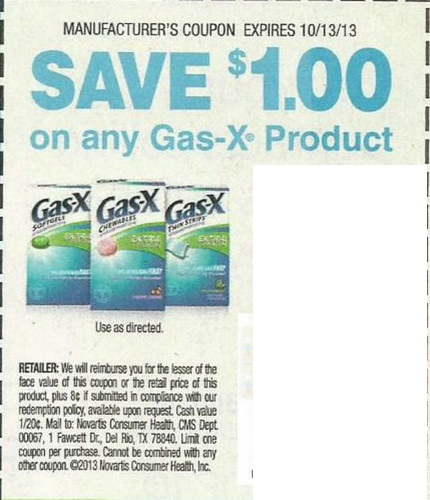 Save $1.00 on any Gas-X product Expires 10/13/2013