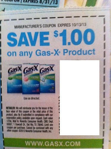 Save $1.50 on any 48 ct or larger Gas-X product Expires 10/13/2013