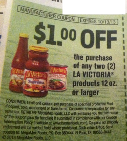 $1.00 off WYB 2 La Victoria products 12 oz. or larger Expires:  Oct-13-2013