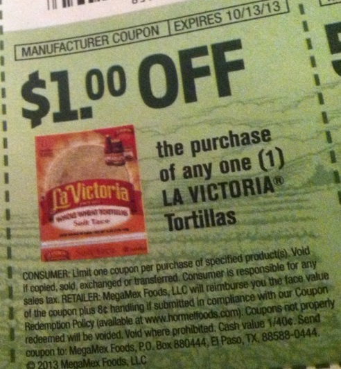 $1.00 off the purchase of any one LA VICTORIA Tortillas Expires:  Oct-13-2013