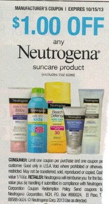 $1.00 off any Neutrogena suncare product (Excludes trial sizes) Expires 10/15/2013
