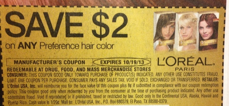 Save $2.00 on any L'Oreal Preference hair color Expires 10/19/2013