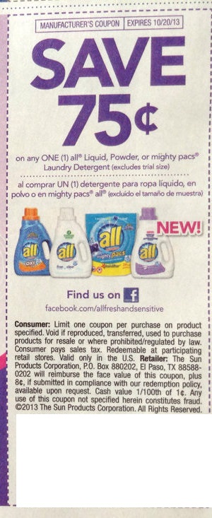Save $0.75 on any one (1) All Liquid, Powder, or Mighty Pacs Laundry Detergent (Excludes trail size) Expires 10/20/2013