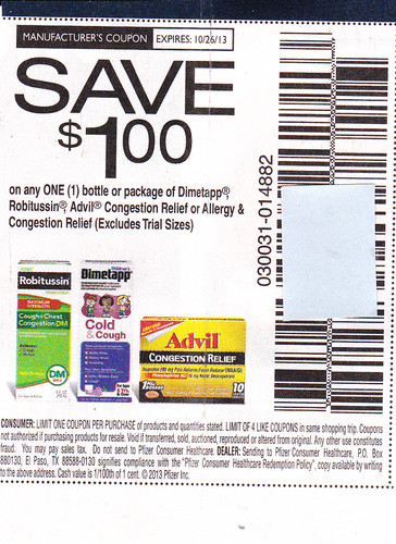 Save $1.00 on any one (1) bottle or package of Dimetapp Robitussin, Advil Congestion Relief or Allergy & Congestion Relief (Excludes Trial Sizes) Expires 10/26/2013