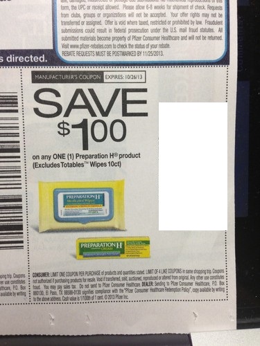 Save $1.00 on any one (1) Preparation H Product (Excludes Totables Wipes 10 ct) Expires 10/26/2013