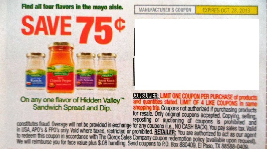 Save $0.75 on any one flavor of hidden Valley Sandwich Spread and Dip Expires 10/28/2013