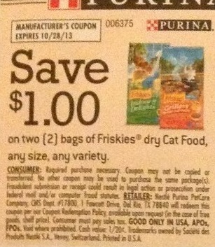 Save $1.00 on two (2) bags of Purina Friskies dry cat food, any size, any variety Expires 10/28/2013