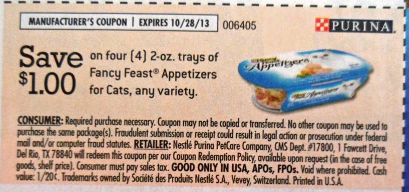 Save $1.00 on four (4) 2oz trays of Purina Fancy Feast Appetizers for cats, any variety Expires 10/28/2013