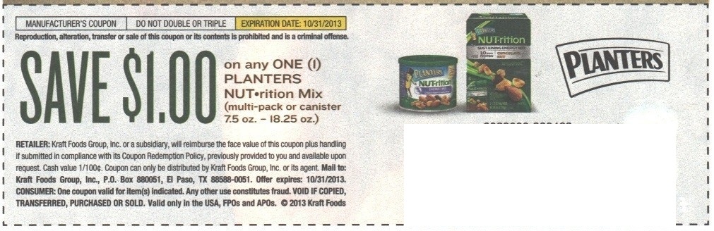 $1.00 off Planters Nutrition Mix (multi pack or canister) Expires:  Oct-31-2013