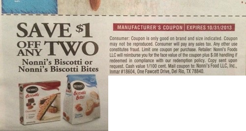 $1.00 off WYB 2 nonni's biscotti or Nonni's Biscotti Bites Expires:  Oct-31-2013