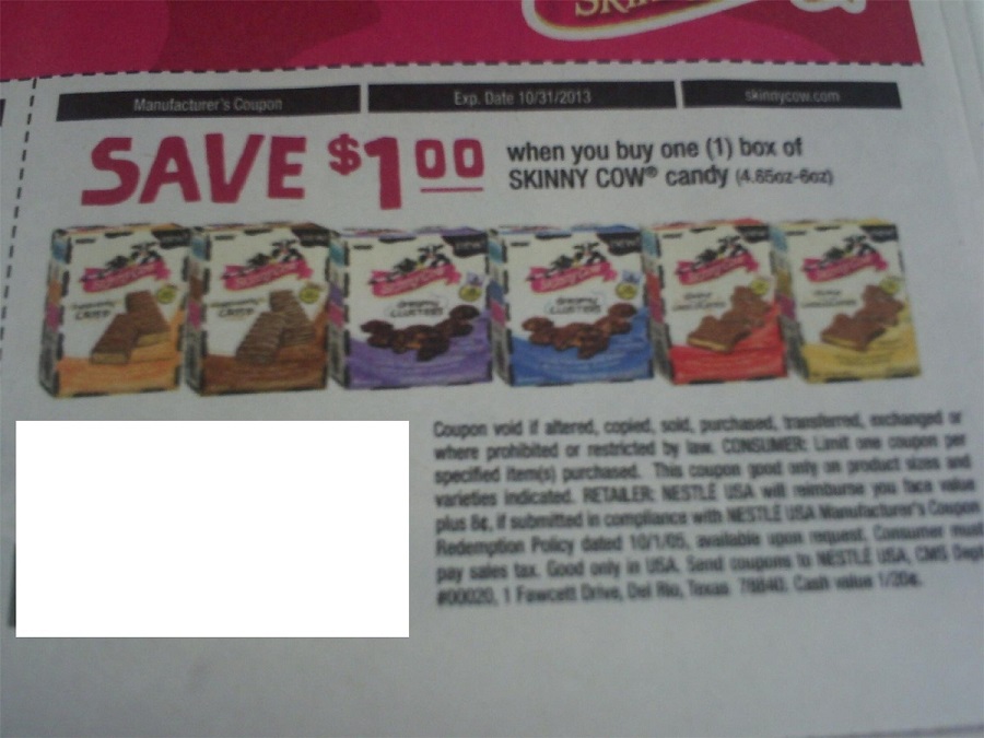 Save $1.00 when you buy one (1) box of Skinny Cow candy (4.65oz-6oz) Expires 10/31/2013