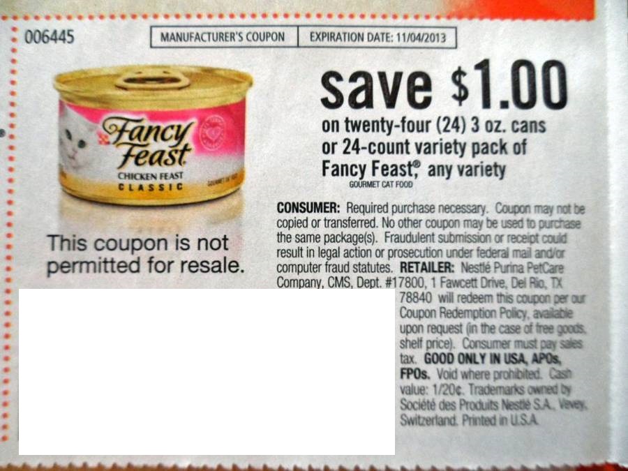 Save $1.00 on twenty-four (24) 3 oz cans or 24 count variety pack of Purina Fancy Feast, any variety Expires 11/04/2013