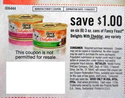 Save $1.00 on six (6) 3 oz cans of Purina Fancy Feast Delights with cheddar, any variety Expires 11/04/2013