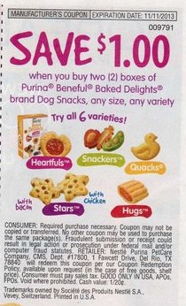 Save $1.00 when you buy two (2) boxes of Purina Beneful Baked Delights brand Dog Snacks, any size, any variety Expires 11/11/2013
