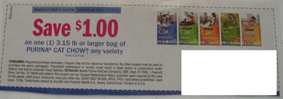 $1.00 off Save $1.00 on one (1) 3.15 lb or larger bag or Purina Cat Chow any variety Expires 11/18/2013