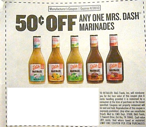 $0.50 off any one Mrs. Dash Marinades Expires 11/30/2013