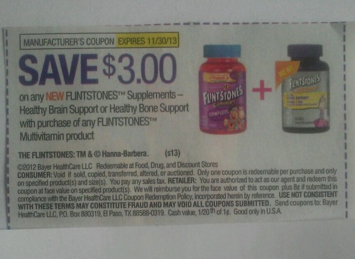 Save $3.00 on any New Flintstones Supplements Healthy Brain Support or Healthy Bon Support with purchase of any Flintstones Multivitamin Expires 11/30/2013
