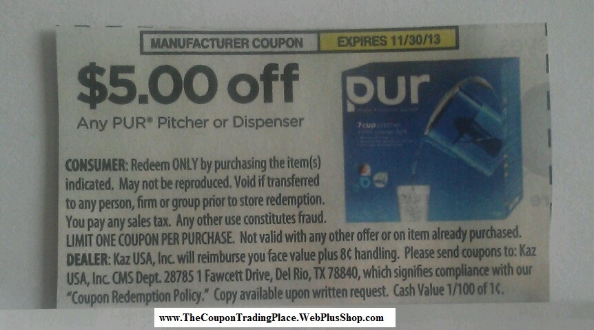 $5.00 off any Pur Pitcher of Dispenser Expires 11/30/2013