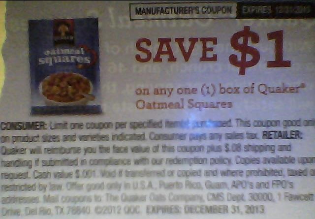 Save $1.00 on any one (1) box of Quaker Oatmeal Squares Expires 12/31/2013