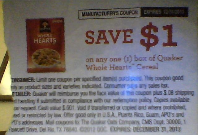 Save $1.00 on any one (1) box of Quaker Whole Hearts Cereal Expires 12/31/2013