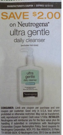 Save $2.00 on Neutrogena Ultra Gentle daily cleanser (Excludes trial size) Expires 12/31/2013