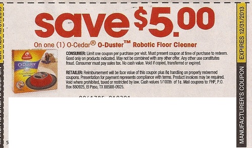 Save $5.00 on one (1) O-Cedar O-Duster Robotic Floor Cleaner Expires 12/31/2013